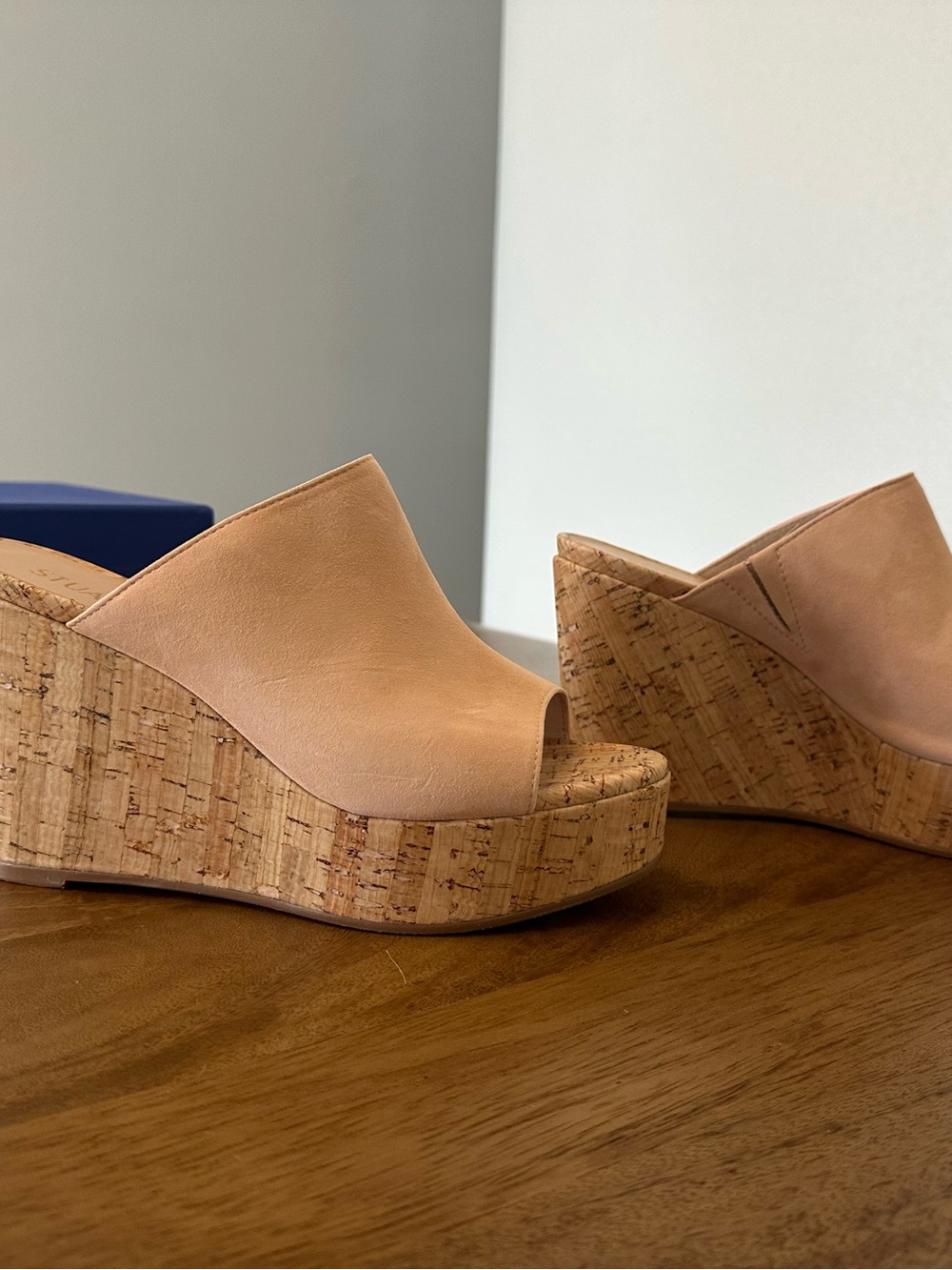 Stuart Weitzman Nudistcurve Cork Wedge Platform Mules Beige